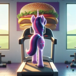 Size: 1024x1024 | Tagged: safe, ai content, derpibooru import, generator:dall-e 3, machine learning generated, twilight sparkle, unicorn twilight, pony, unicorn, g4, burger, cheeseburger, female, food, gym, hamburger, indoors, mare, prompter needed, rear view, solo, that pony sure does love burgers, treadmill, twilight burgkle, window, wrong cutie mark
