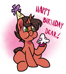 Size: 781x880 | Tagged: safe, artist:paperbagpony, derpibooru import, oc, oc:mars aurelian, pony, unicorn, :t, aweeg*, cupcake, eating, food, gradient background, happy birthday, hat, hoof hold, horn, male, party hat, puffy cheeks, sitting, smiling, solo, stallion, unicorn oc