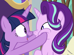 Size: 1118x834 | Tagged: safe, derpibooru import, screencap, starlight glimmer, twilight sparkle, twilight sparkle (alicorn), alicorn, pony, unicorn, g4, season 9, the beginning of the end, boop, cropped, duo, duo female, female, hooves on cheeks, mare, nose wrinkle, noseboop, squishy cheeks, twilight's office