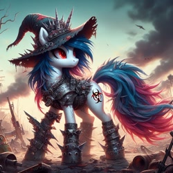 Size: 1024x1024 | Tagged: safe, ai content, derpibooru import, machine learning generated, oc, oc:snowi, unicorn, g4, armor, biohazard, blue mane, hat, metal gear, post-apocalyptic, prompter:snowi, red eyes, red mage, spikes, white pony