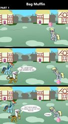 Size: 1920x3516 | Tagged: safe, artist:platinumdrop, derpibooru import, derpy hooves, gilda, rainbow dash, griffon, pegasus, pony, comic:bag muffin, g4, 3 panel comic, abuse, bag, ball, blank flank, building, bully, bullying, chickub, closed mouth, comic, commission, derpybuse, dialogue, female, filly, filly derpy, filly rainbow dash, foal, folded wings, grass, happy, insult, li'l gilda, mocking, open mouth, outdoors, paper bag, playing, ponyville, raised hoof, raised leg, sad, scrunchy face, smiling, smug, smug smile, speech bubble, spread wings, talking, trio, trio female, wings, younger