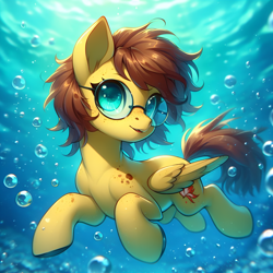 Size: 2048x2048 | Tagged: safe, ai content, derpibooru exclusive, derpibooru import, machine learning generated, oc, oc only, oc:yuris, pegasus, pony, bubble, female, floating, freckles, glasses, looking at you, mare, prompter needed, smiling, solo, underwater, water