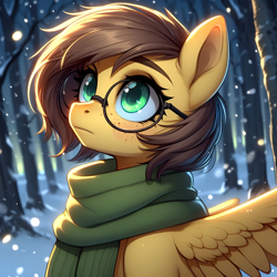 Size: 2048x2048 | Tagged: source needed, safe, ai content, derpibooru exclusive, derpibooru import, machine learning generated, oc, oc only, oc:yuris, pegasus, pony, clothes, female, forest, freckles, glasses, nature, night, prompter needed, scarf, snow, snowfall, solo, tree, winter