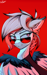 Size: 1080x1722 | Tagged: safe, artist:cmdrtempest, derpibooru import, oc, oc only, oc:vvensual99, pegasus, female, looking back, mare, red background, simple background, solo, sunglasses, wings