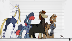 Size: 1280x727 | Tagged: safe, artist:megalura, derpibooru import, oc, oc only, cockroach, earth pony, insect, pegasus, pony, unicorn, fallout equestria, clothes, coat, female, height difference, long legs, male, mare, physique difference, size chart, size comparison, stallion, tall