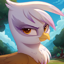 Size: 1536x1536 | Tagged: safe, ai content, derpibooru import, generator:pony diffusion v6 xl, machine learning generated, gilda, griffon, g4, cloud, female, looking at you, outdoors, path, prompter:ada, side view, sky, smiling, smirk, solo, spread wings, tree, wings