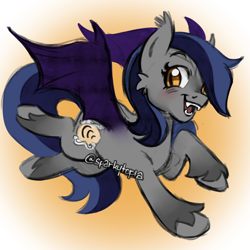 Size: 2400x2400 | Tagged: safe, artist:sparkytopia, derpibooru import, oc, oc only, oc:echo, bat pony, pony, g4, bat pony oc, bat wings, blue hair, colored sketch, ear fluff, ears, female, golden eyes, gray coat, mare, open mouth, purple wings, sharp teeth, signature, sketch, solo, teeth, unshorn fetlocks, wings