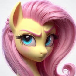 Size: 1024x1024 | Tagged: safe, ai content, derpibooru import, generator:dall-e 3, machine learning generated, fluttershy, pegasus, pony, bust, eyebrows, female, mare, portrait, prompter:bracks26, raised eyebrow, simple background, solo, white background
