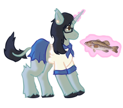 Size: 1610x1417 | Tagged: safe, artist:clandestine, derpibooru import, fish, pony, unicorn, clothes, glasses, glowing, glowing horn, horn, piercing, ponified, school uniform, simple background, skirt, skrillex, solo, species swap, transparent background