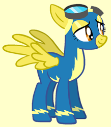 Size: 741x850 | Tagged: artist needed, source needed, safe, artist:ameliagirls53, derpibooru import, edit, oc, oc only, pegasus, pony, g4, season 1, the best night ever, bald, base, clothes, eyelashes, female, goggles, goggles on head, lidded eyes, mare, simple background, smiling, solo, tan background, uniform, wonderbolts, wonderbolts uniform