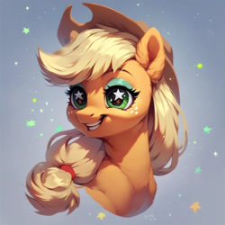 Size: 1024x1024 | Tagged: safe, ai content, derpibooru import, generator:purplesmart.ai, generator:stable diffusion, machine learning assisted, machine learning generated, applejack, earth pony, pony, g4, applejack's hat, beautiful, clothes, cowboy hat, cute, ear fluff, ears, eyeshadow, fluffy, green eyes, grin, happy, happy face, hat, makeup, prompter:saltyvity, simple background, smiling, solo, sparkles, starry eyes, stars, wingding eyes, yellow mane