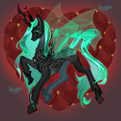 Size: 2048x2048 | Tagged: safe, artist:kisullkaart, derpibooru import, queen chrysalis, changeling, changeling queen, pony, concave belly, female, heart, mare, signature, slender, solo, thin