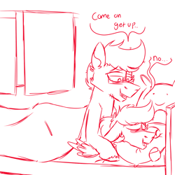 Size: 900x900 | Tagged: safe, artist:fuckomcfuck, derpibooru import, oc, oc only, oc:doodles, oc:joystick, earth pony, pegasus, pony, bed, glasses, pillow, plushie, simple background, speech bubble, white background