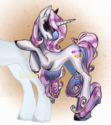 Size: 1887x2126 | Tagged: safe, artist:kisullkaart, derpibooru import, fleur-de-lis, pony, unicorn, concave belly, female, leaning, leaning forward, leaning on somepony, looking at you, mare, signature, slender, smiling, solo, thin