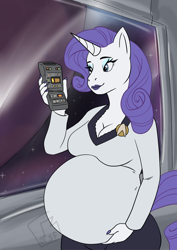 Size: 1614x2283 | Tagged: safe, artist:randomgirl1265, derpibooru import, rarity, anthro, unicorn, belly, big belly, breasts, cleavage, clothes, crossover, female, lipstick, planet, preggity, pregnant, raritits, scanner, smiling, space, spaceship, star trek