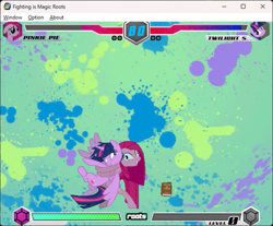 Size: 595x493 | Tagged: safe, artist:fimroots, derpibooru import, pinkie pie, twilight sparkle, twilight sparkle (alicorn), alicorn, earth pony, fighting is magic, g4, bipedal, game screencap, hug, pinkamena diane pie