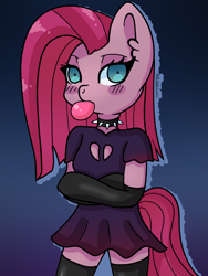 Size: 1500x2000 | Tagged: safe, artist:bubblegooey, derpibooru import, pinkie pie, anthro, unguligrade anthro, blue eyes, blush sticker, blushing, bubblegum, chewing, chewing gum, choker, clothes, crossed arms, cute, cuteamena, dress, ear fluff, ears, eating, female, food, gloves, goth, gradient background, gum, lidded eyes, looking at you, pink hair, pinkamena diane pie, purple dress, signature, solo, spiked choker, stockings, straight hair, tail, thigh highs