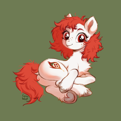 Size: 1010x1008 | Tagged: safe, artist:lynxwolf, derpibooru import, oc, oc only, oc:kich pineberry, earth pony, pony, butt, chest fluff, colored, colored sketch, cute, dock, featureless crotch, fluffy, fluffy mane, freckles, frog (hoof), green background, lying down, on side, plot, red mane, reference, simple background, sketch, solo, tail, underhoof, unshorn fetlocks, white coat