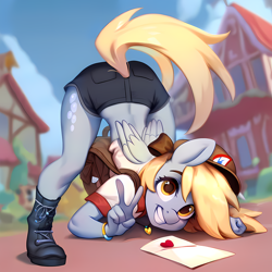 Size: 4096x4096 | Tagged: safe, ai content, derpibooru import, generator:pony diffusion v6 xl, generator:stable diffusion, machine learning generated, derpy hooves, anthro, pegasus, unguligrade anthro, boots, bow, bracelet, clothes, cute, cutie mark, derpabetes, face down ass up, female, fist, folded wings, grin, hair bow, hat, house, jack-o challenge, jewelry, looking at you, mailmare, mailmare hat, mailmare uniform, meme, outdoors, peace sign, ponyville, prompter:wumbl3, shoes, shorts, smiling, smiling at you, solo, street, teeth, white shirt, wings