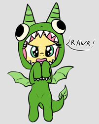 Size: 987x1229 | Tagged: safe, artist:craftycirclepony, derpibooru import, oc, oc only, oc:crafty circles, unicorn, bipedal, clothes, costume, cute, dragon costume, female, filly, foal, freckles, hooves to the chest, onesie, open mouth, rawr, solo