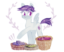 Size: 1405x1141 | Tagged: safe, artist:catfish-pancake, derpibooru import, sugar grape, pegasus, pony, basket, cute, female, food, grapes, mare, raised hoof, raised leg, simple background, solo, white background