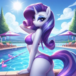Size: 1024x1024 | Tagged: source needed, safe, ai content, derpibooru import, generator:bing image creator, generator:dall-e 3, machine learning generated, rarity, anthro, unicorn, g4, arm behind head, ass, bikini, butt, clothes, eyeshadow, female, looking at you, looking back, looking back at you, makeup, missing cutie mark, outdoors, prompter needed, purple bikini, rearity, sexy, smiling, smiling at you, solo, standing, swimming pool, swimsuit, umbrella, water