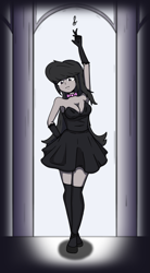 Size: 3203x5810 | Tagged: safe, artist:toxinagraphica, derpibooru import, octavia melody, human, equestria girls, g4, black dress, bowtie, clothes, dress, female, gloves, socks, solo, stockings, thigh highs