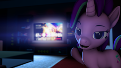 Size: 3840x2160 | Tagged: safe, artist:darkad8000, derpibooru import, starlight glimmer, pony, unicorn, g4, 3d, 4k, bedroom eyes, eyebrows, female, grand theft auto, gta v, high res, imminent sex, interior, inviting, inviting you, lens flare, looking at you, mare, netflix, open mouth, open smile, pointing, seductive look, sexy, smiling, smiling at you, solo, source filmmaker, stupid sexy starlight glimmer, television