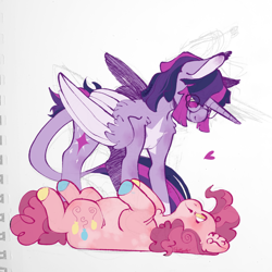 Size: 2000x2000 | Tagged: safe, artist:shyhandart, derpibooru import, pinkie pie, twilight sparkle, twilight sparkle (alicorn), alicorn, earth pony, pony, g4, female, heart, high res, hooves, leonine tail, lesbian, looking at each other, looking at someone, lying down, multicolored hooves, on back, shipping, simple background, smiling, smiling at each other, tail, twinkie, white background