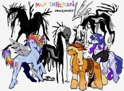 Size: 1369x1000 | Tagged: safe, artist:duncedogs, derpibooru import, applejack, rainbow dash, rarity, demon, earth pony, pony, unicorn, g4, alternate universe, simple background, white background