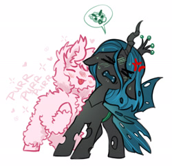 Size: 2661x2613 | Tagged: safe, artist:opalacorn, derpibooru import, queen chrysalis, oc, oc:fluffle puff, changeling, changeling queen, earth pony, pony, g4, ><, behaving like a cat, canon x oc, chrysipuff, cross-popping veins, emanata, eyes closed, female, lesbian, mare, nuzzling, purring, shipping, simple background, smiling, white background