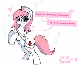 Size: 2048x1723 | Tagged: safe, artist:petaltwinkle, derpibooru import, nurse redheart, earth pony, pony, g4, alternate hairstyle, bag, blushing, cute, dialogue, female, heart, heart eyes, heartabetes, looking at you, loose hair, mare, messenger bag, open mouth, open smile, rearing, signature, simple background, smiling, smiling at you, solo, speech bubble, white background, wingding eyes