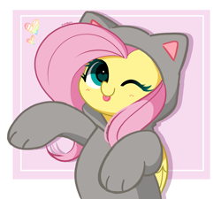 Size: 2929x2641 | Tagged: safe, artist:kittyrosie, derpibooru import, fluttershy, cat, pegasus, pony, g4, ;p, animal costume, blush lines, blushing, cat costume, clothes, costume, cute, female, fluttercat, folded wings, heart, heart eyes, high res, kigurumi, looking at you, mare, one eye closed, pink background, shyabetes, signature, simple background, solo, tongue, tongue out, weapons-grade cute, wingding eyes, wings, wink, winking at you