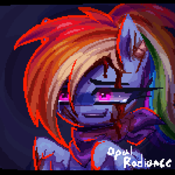 Size: 1001x1001 | Tagged: safe, artist:opal_radiance, derpibooru import, rainbow dash, pegasus, pony, g4, blood, injured, pixel art, solo