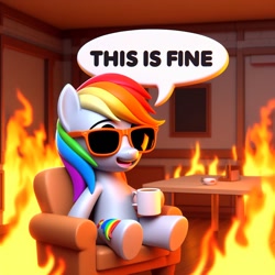 Size: 1024x1024 | Tagged: safe, ai content, derpibooru import, generator:bing image creator, machine learning generated, rainbow dash, pony, g4, chair, female, fire, mare, meme, mug, open mouth, ponified, ponified meme, prompter:pawels, sitting, solo, speech bubble, sunglasses, table, this is fine