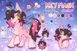 Size: 3000x2000 | Tagged: safe, artist:cuiicie, derpibooru import, oc, oc only, oc:key mash, bat pony, ahoge, female, horns, reference sheet, solo, unshorn fetlocks