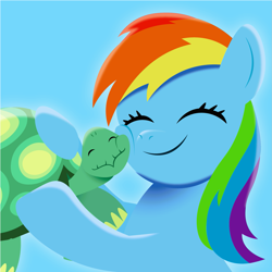 Size: 1501x1501 | Tagged: safe, artist:prixy05, derpibooru import, rainbow dash, tank, pegasus, pony, tortoise, g4, blue background, cheek squish, female, hug, lineless, mare, simple background, squishy cheeks