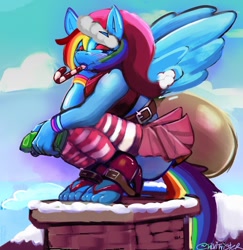 Size: 1080x1112 | Tagged: safe, artist:talvitwister, derpibooru import, rainbow dash, anthro, pegasus, plantigrade anthro, g4, belt, blushing, candy, candy cane, chimney, christmas, clothes, eyeshadow, food, hat, high heels, holiday, lidded eyes, makeup, mouth hold, sack, sandals, santa hat, santa sack, shoes, skirt, smiling, solo, spread wings, squatting, striped stockings, toy, wings