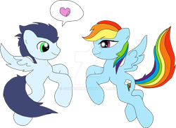 Size: 828x606 | Tagged: safe, artist:izwizzart, derpibooru import, rainbow dash, soarin', pegasus, pony, g4, deviantart watermark, female, male, mare, obtrusive watermark, shipping, simple background, soarindash, stallion, straight, transparent background, watermark