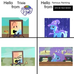 Size: 680x680 | Tagged: safe, derpibooru import, edit, screencap, trixie, pony, unicorn, a horse shoe-in, boast busters, g4, season 1, season 9, cape, clothes, coughing, famous painting (gmtm), female, genderfluid, give me that money, hat, male, mare, smoke, trixie's cape, trixie's hat