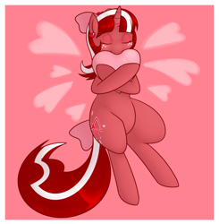 Size: 1280x1304 | Tagged: safe, artist:redintravenous, derpibooru import, oc, oc:red ribbon, pony, unicorn, ask red ribbon, bow, female, hair bow, mare, pillow, solo, tail, tail bow