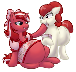 Size: 1280x1219 | Tagged: safe, artist:redintravenous, derpibooru import, oc, oc only, oc:red ribbon, earth pony, pony, unicorn, abdominal bulge, ask red ribbon, bow, cake, fat, female, food, hair bow, mare, simple background, transparent background