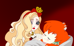 Size: 2121x1338 | Tagged: safe, derpibooru import, spike, human, g4, apple white, bed, caress, ever after high, hand on hair, human spike, humanized, orange hair, sad, ship:spikewhite, shipping, sleeping