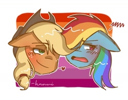 Size: 1256x987 | Tagged: safe, artist:its.hxnnxh_, derpibooru import, applejack, rainbow dash, g4, appledash, applejack's hat, blushing, clothes, cowboy hat, ears, female, floppy ears, freckles, hat, head only, heart, lesbian, lesbian pride flag, pride, pride flag, shipping, signature, simple background, tsunderainbow, tsundere, white background