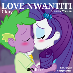 Size: 1920x1920 | Tagged: safe, artist:edy_january, artist:georgegarza01, derpibooru import, rarity, spike, human, series:romantic stories, series:sparity, better together, equestria girls, g4, rollercoaster of friendship, album, album cover, blushing, boyfriend and girlfriend, ckay, eyes closed, eyeshadow, female, geode of shielding, hug, human spike, humanized, jewelry, kiss on the lips, kissing, love nwantiti, love nwantiti (song), magical geodes, makeup, male, music, rarity peplum dress, shipping, song, sparity, straight
