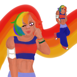 Size: 2684x2696 | Tagged: safe, artist:mssonny, derpibooru import, rainbow dash, human, g4, :p, abs, alternate hairstyle, clothes, dark skin, female, humanized, midriff, one eye closed, pants, shoes, short shirt, sneakers, solo, sweatpants, tongue, tongue out, wink