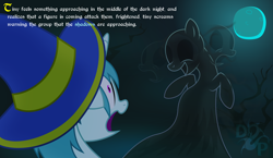 Size: 2208x1280 | Tagged: safe, artist:isaac_pony, derpibooru import, oc, oc:tiny sapphirus, pony, unicorn, dungeons and dragons, fantasy, fantasy class, fear, femboy, fog, hat, horn, logo, mage, male, moon, narration, night, pen and paper rpg, rpg, sad, shadow, shadow pony, show accurate, smiling, text, tree, vector, wizard, wizard hat