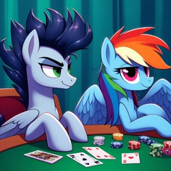 Size: 1024x1024 | Tagged: safe, ai content, derpibooru import, generator:bing image creator, generator:dall-e 3, machine learning generated, rainbow dash, soarin', g4, female, folded wings, male, poker, prompter:*rainbow dash*, shipping, smiling, smug, soarindash, spread wings, straight, wings