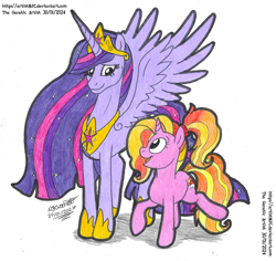 Size: 4834x4562 | Tagged: safe, artist:artistnjc, derpibooru import, luster dawn, princess twilight 2.0, twilight sparkle, twilight sparkle (alicorn), alicorn, unicorn, g4, the last problem, bipedal, colored, crown, ethereal mane, ethereal tail, flowing mane, height difference, hoof shoes, jewelry, large wings, looking at each other, looking at someone, older, older twilight, older twilight sparkle (alicorn), peytral, physique difference, raised hoof, raised leg, regalia, simple background, size difference, slender, smiling, smiling at each other, spread wings, starry mane, starry tail, sternocleidomastoid, tail, tall, teacher and student, thin, traditional art, wings