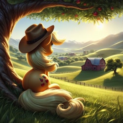 Size: 1024x1024 | Tagged: safe, ai content, derpibooru import, generator:dall-e 3, machine learning generated, applejack, earth pony, pony, g4, apple, apple tree, applejack's hat, barn, building, butt, clothes, cowboy hat, female, fence, food, grass, hat, hill, looking in the distance, mare, mountain, mountain range, outdoors, plot, prompter needed, rear view, scenery, sky, solo, tree